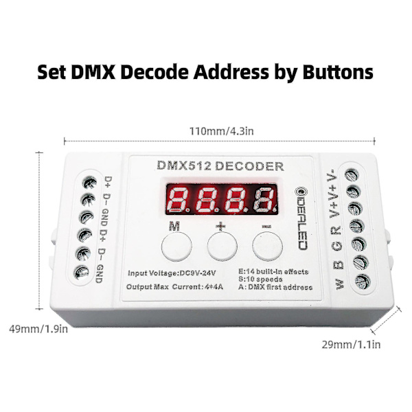 4-kanals Mini DMX 512 Dekoder RGBW LED-ljusremsa Styrenhet Konsol Använd Dekorativ Belysning Hembelysning Dimmer Driver DC9V-24V