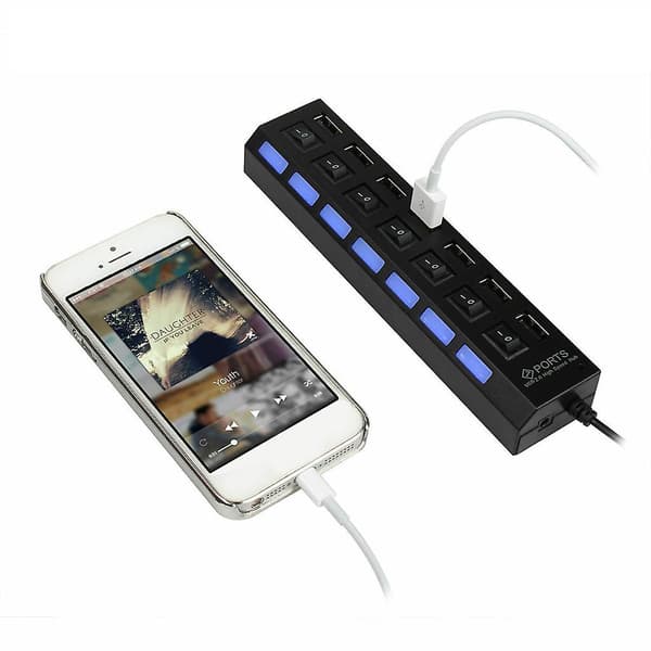 7 porte USB 2.0 hub adapter med tænd/sluk-knap til computer bærbar sort