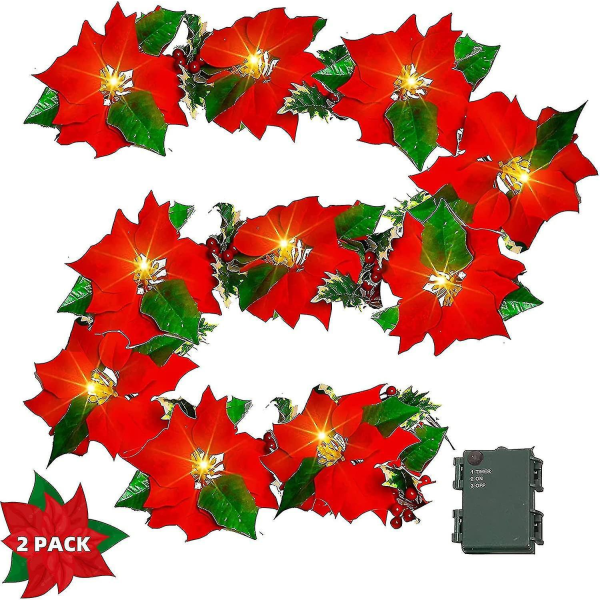 2 Pack 2m  Christmas Poinsettia Flowers Garland Decorations, 10 Led Lighted Artificial Velvet String