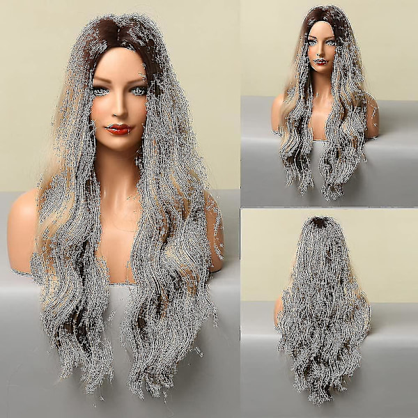 Ombre brun og blond parykk med brune hårrøtter midtskill lang bølge varme