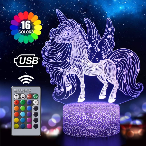 Unicorn nattlys for barn og baby, oppladbar 3d illusjonslampe 16 skiftende farger med fjernkontroll, bursdags- og feriegave til barn, jenter