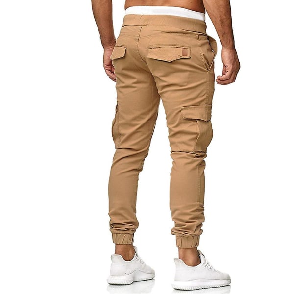 Miesten kiristysnauhalliset cargopyörähousut, rennot työ- ja urheiluhousut, slim fit, monikäyttöiset taskut, joustavat lahkeet Khaki L