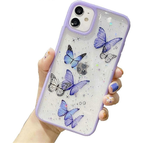 iPhone 12 Sommerfugl Cover, Shinymore Sødt Smukt Sommerfugl Glitter Stødsikkert Blødt Silikone Gennemsigtigt Pige Dame Cover til iPhone 12 Lilla