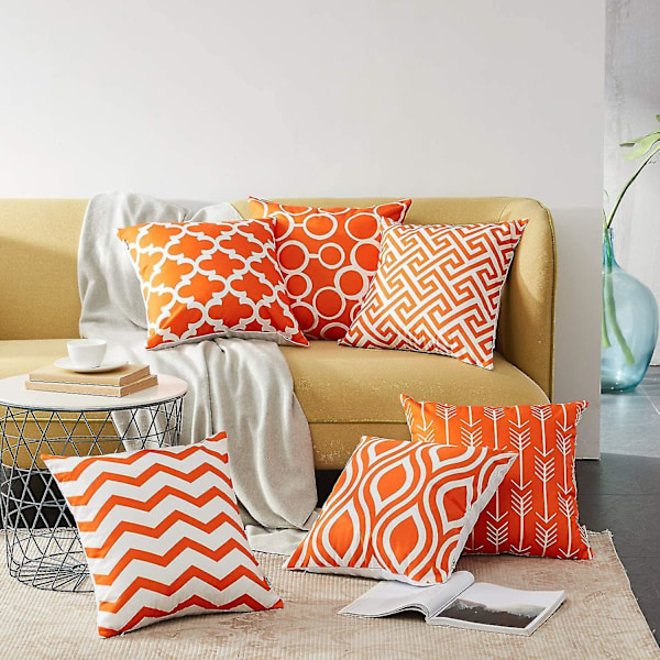 Sæt med 6 pudebetræk 45x45 cm Kvalitetslærred med geometriske mønstre til sofa bil terrasse dekorative pudebetræk serie orange og hvid