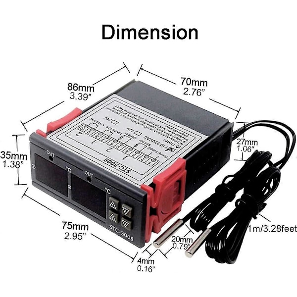 STC-3008 AC 110V-220V Lämpötilan termostaattiohjain, digitaalinen lämpötilan ohjain kaksoisnäytöllä ja kahdella NTC-anturilla, lämmitys ja jäähdytys