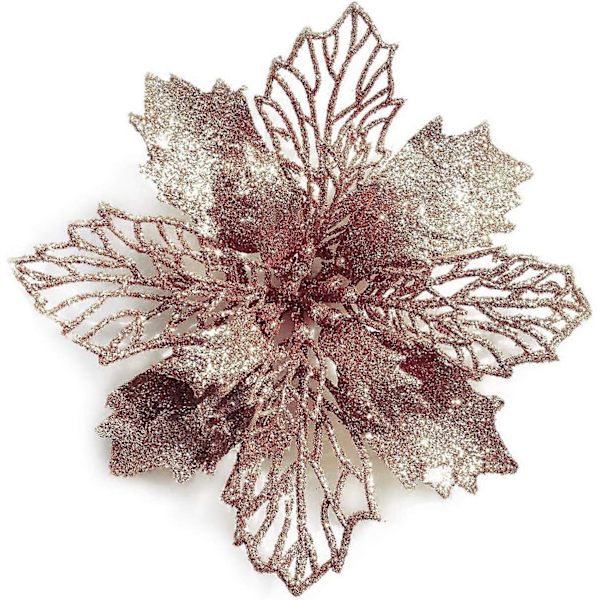 Pakke med 12 glitrende kunstige julestjerner i rosaguld til julekrans og juletræspynt, 4\" (10 cm) i diameter