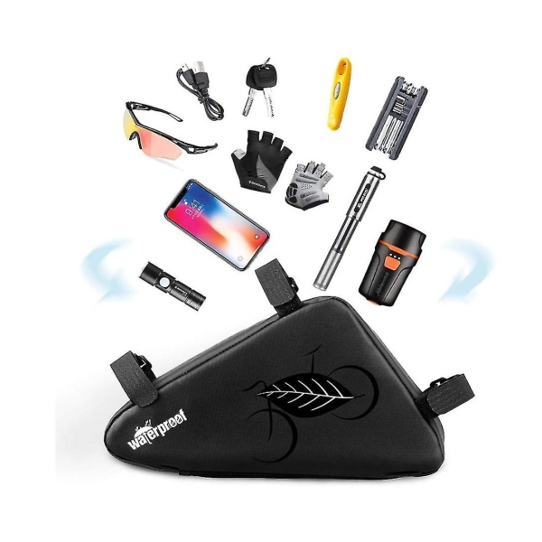 Sykkelveske, vannavstøtende sykkeltriangelramme, sykkeltilbehørspakke for telefon, nøkler, lommebok og verktøy (svart)