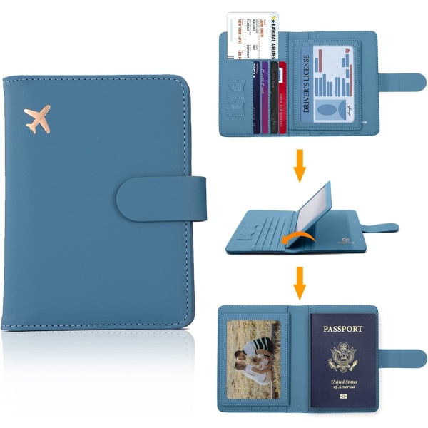 Passholder, kortspor for passholder, søtt passdeksel for kvinner/menn, vanntett Rfid-blokkerende reiselommebok (denimblå ny)
