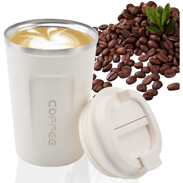Valkoinen kahvimuki, kaksiseinäinen, uudelleenkäytettävä, vuotamaton ruostumaton teräs, ympäristöystävällinen matkoille, toimistokahville, teelle ja kylmille juomille - 380 ml