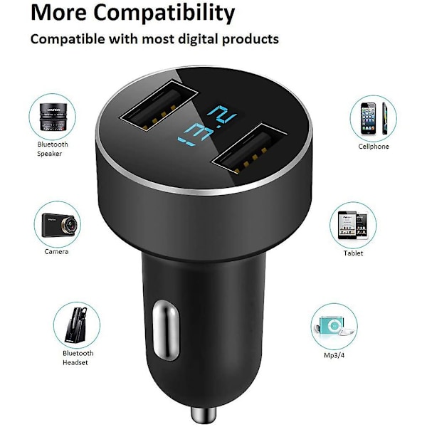 Dubbel USB-billaddare, 4.8A Utdata Billadapter, -Tändarspänningsmätare För ,,,lg, Etc, Svart