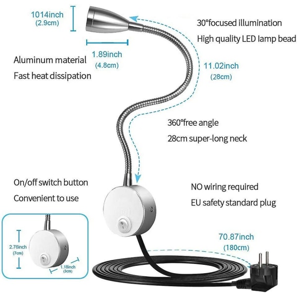 Leselampe, LED-lampe med aluminiums gåsehals veggmontert sengelampe for soveromskontor varmt hvitt, 100-200lm/4000k/3w/110-220v-led, lysutslipp