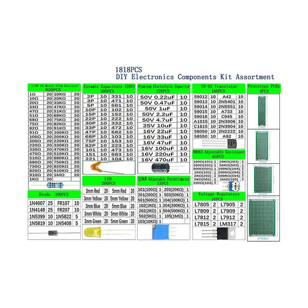 1818 st Diy Elektronikkomponenter Kit Sortiment Motstånd Led Triod Kondensatorer Dioder Pcb Potent