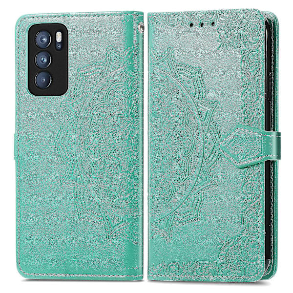 Oppo Reno6 Pro 5g Fodral Läder Plånboksfodral Präglad Mandala Magnetiskt Flip-skydd Stöttåligt - Grön