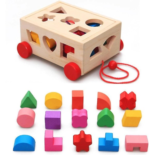 Kids Shape Sorter Legetøj Træ Pull Along Car Shape