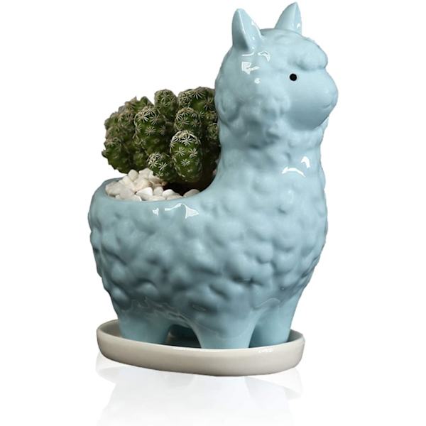 Söt Alpacka Succulent Planter med Dräneringsbricka, Vit Cera