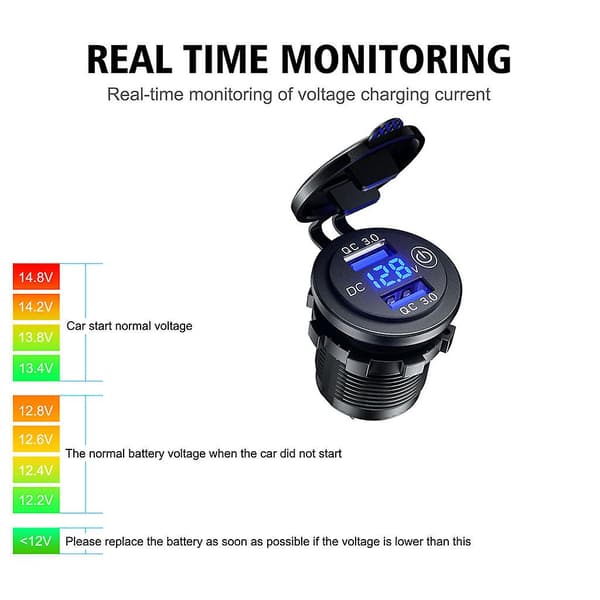 12v 24v Dobbel Qc3.0 Usb Billader Socket Med Berøringssvitsj Og Led Voltmeter