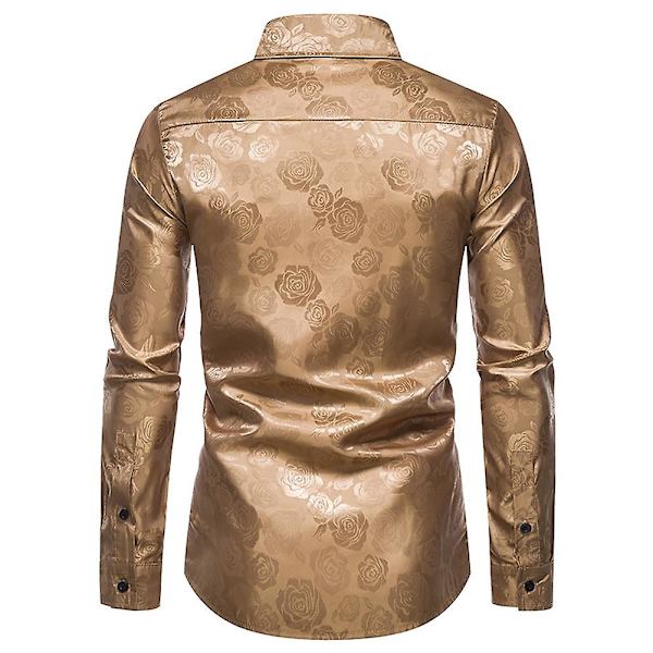 Allthemen Herre Casual Slim Lapel Rose Floral Langærmet Skjorte Khaki XL