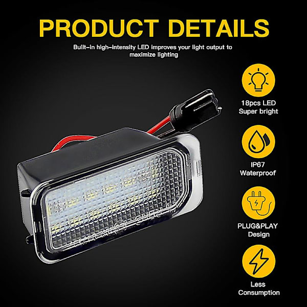 2x LED Nummerpladelys til Ford Focus Mk II Fiesta Mk VII Mondeo Mk IV Kuga S-max 2008-2019