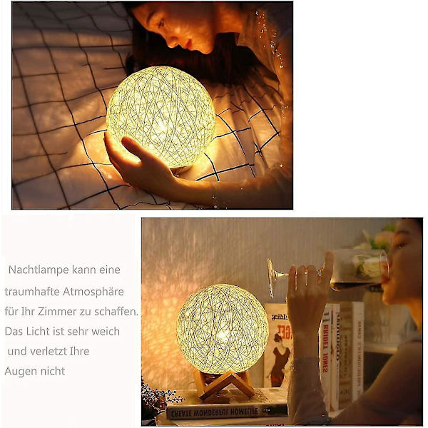 LED Natlampe, Sengelampe, Rattan Og Træ Soveværelse Stemningslampe, USB Genopladelig [Energiklasse A++]