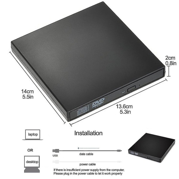 Eksternt cd dvd-drev, usb 2.0 slankt beskyttet eksternt cd-rw-drev Dvd-rw-brænder-brænderafspiller til bærbar notebook pc stationær computer, sort