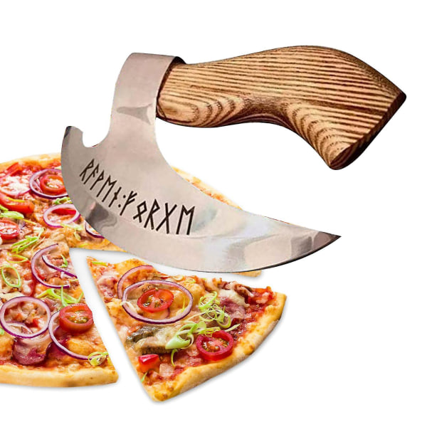 Vintage Pizzaøkse med træskaft - indgraverede runer - Viking Pizzaøkse - Multifunktionel lille vikingøkse