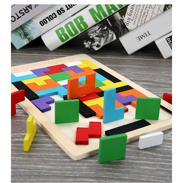 2 stk. Træpuslespil \"tangram Tetris\" - Lærende puslespil - Farverige trælegetøj til børn - Undervisningspuslespil - Lærende gavelegetøj