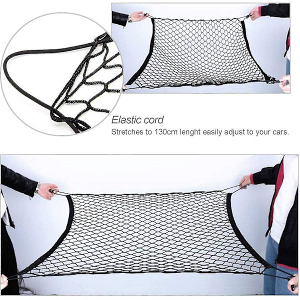 Bil bagasjeromsnett bagasjeromsnett justerbart elastisk organiseringsnett, nylon bagasjeromsnett universell passform for bil bagasjerom kjøretøy varebil SUV (27,5'' X 27,5'')