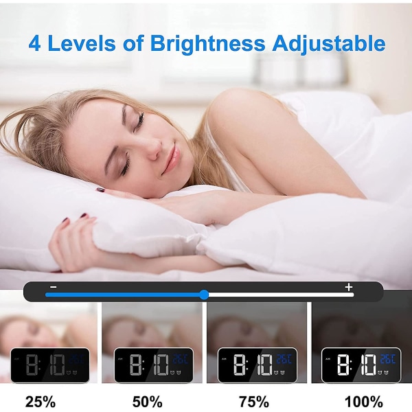 Digital vekkerklokke, LED digital klokke Digital vekkerklokke Temperatur/snooze/2 alarmer/12/24 timer/USB-ladepunkt/16 musikk (sølv)