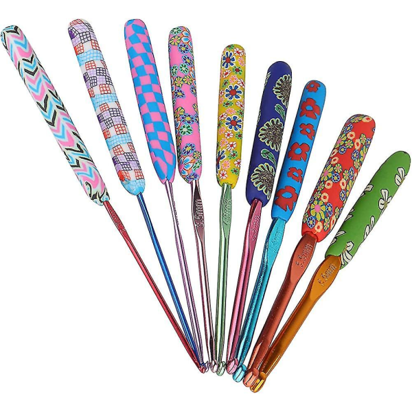 Crochet Hooks 9 Pack. Multi Coloured Metal Crochet Hooks Set Soft Grip. With