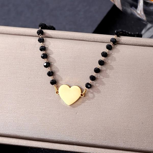 Hjerte Charm Armbånd i Rustfrit Stål med Sorte Perler - Enkelt Lykke Charm Armbånd (Guld) gold