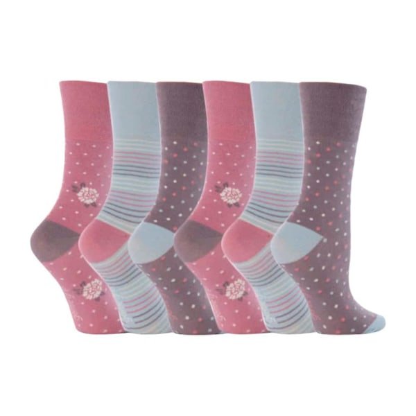 6 Pk ladies gentle grip non elastic socks 4-8 uk Pink / grey