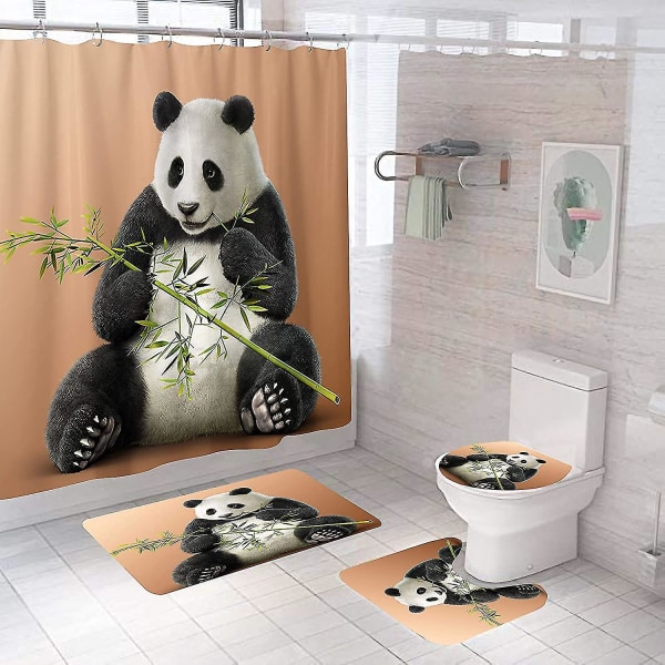 4 stk Panda bruseforhængssæt med skridsikkert tæppe, toiletlågbetræk, U måtte, bademåtte og badeforhæng med 12 kroge Vandtæt badeforhængssæt F