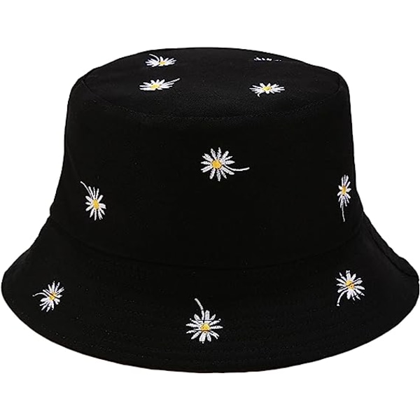 Som sett på TV Flower Reversible Bucket Hat Summer Travel Beach Sun Hat Emborider black