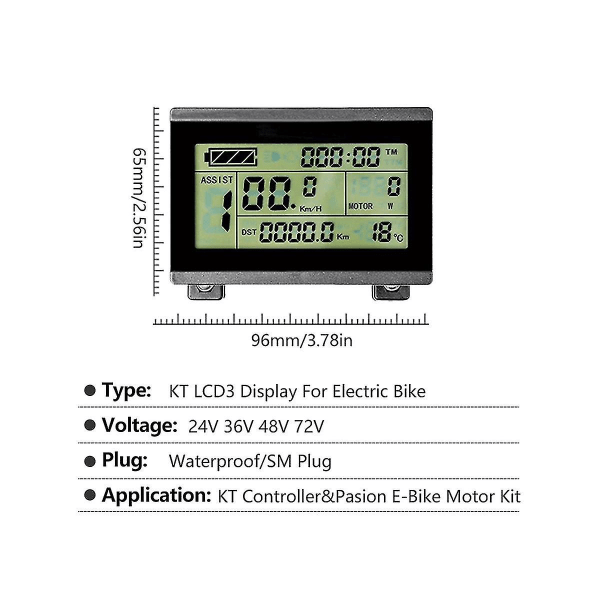 Sähköpyörän näyttö KT LCD3, 24V, 36V, 48V, 72V, älykäs mittari sähköpyörän napamoottorin muuntokiteille