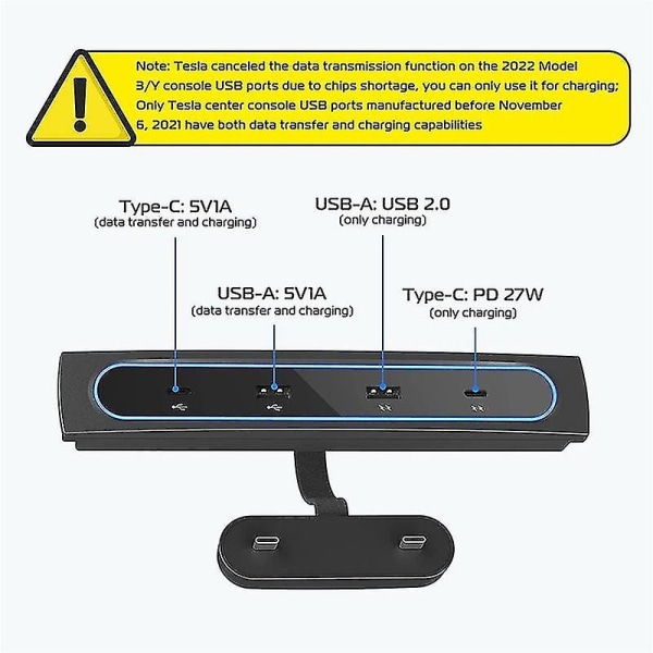 Bil USB laddare Multi För modell 3/y 2021 2022 Tillbehör USB Hub med blått ledljus Center C