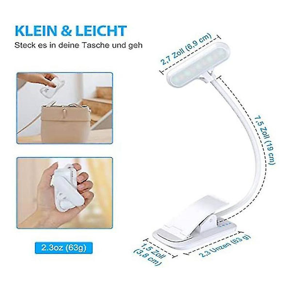 Læselampe Bogklemme, 9 Led Klemmelampe Med 3 Farvetemperatur Og Justerbar Touch-kontakt, Usb