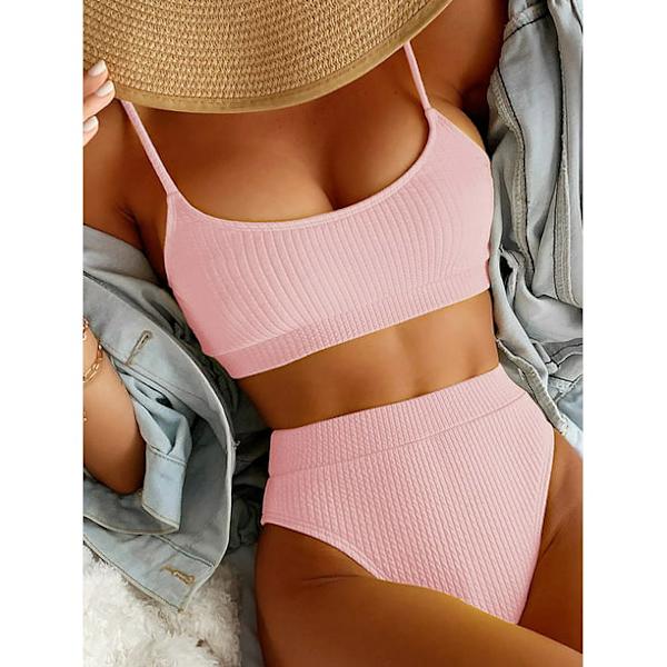 Naisten korkeavyötäröinen ribbikangas bikinitop ja -alusasu, vaaleanpunainen, L-US12 Pink L