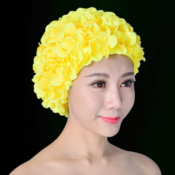 3D Vintage Floral Damer Kvinne Svømmehette Petal Retro Svømmehatt Flowe yellow