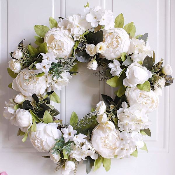 Ny, lämplig krans - Pionblomsterkrans, blomsterkrans, dörrkransar för ytterdörr, 17 tum, vit