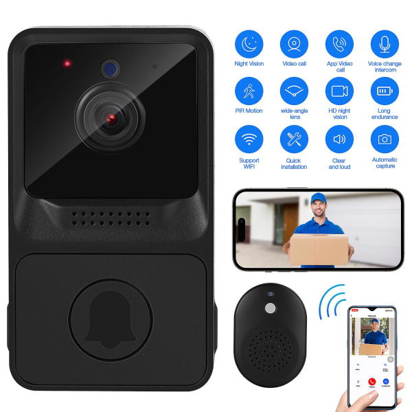 Trådløs fjernkontroll videoringeklokke Smart dørklokke Intercom Wifi Tyverisikringsdørklokke for hjemmekontor (svart)