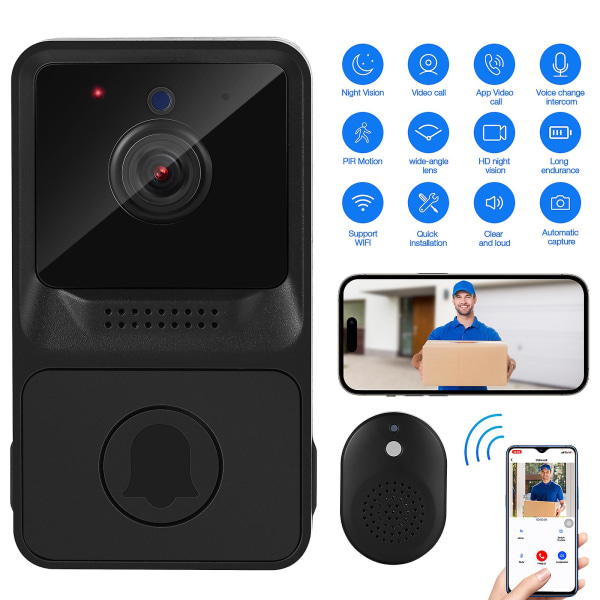 Trådløs videodørklokke Smart dørklokke Intercom Wifi Anti-tyveri dørklokke for hjem sovesal kontor (svart)