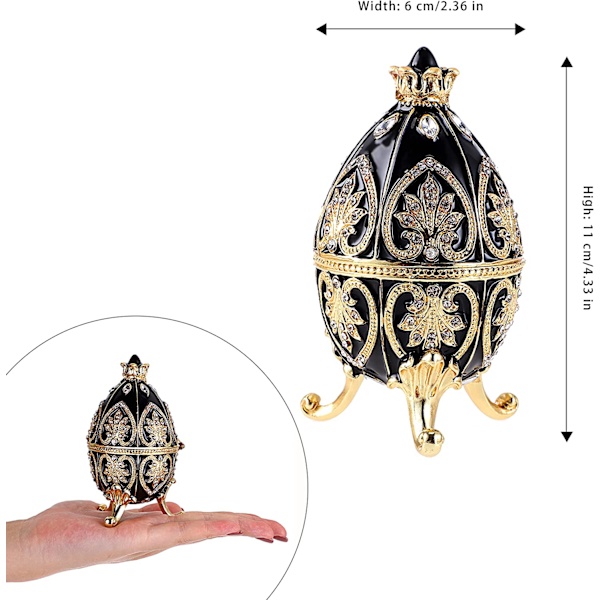 Emaljeret Fabergé æg, dekorativ hængslet smykkeskrin med funklende rhinsten, unik gave/pynt til hjemmet, kommode, fødselsdagsfest (sort) black