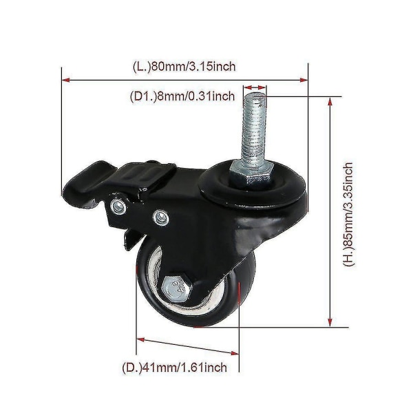4 stk. 1,5 tommer M8 sorte 360 graders drejehjul med bremse