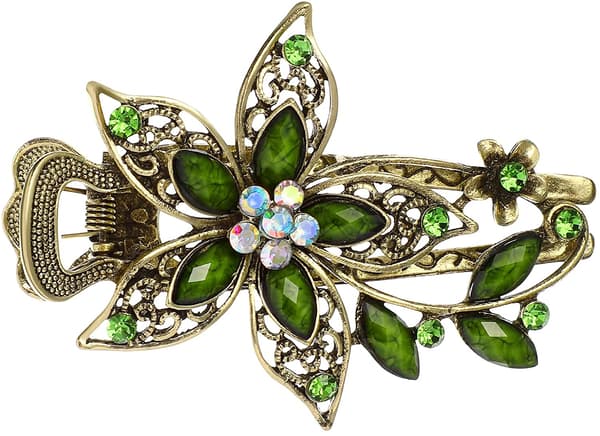 Damklipp med kristallblomma i vintage-stil, grön