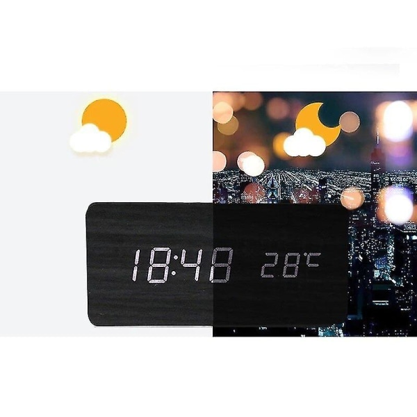 Digital LED-väckarklocka i trä med temperatur, luftfuktighet, röststyrning och snooze-funktion Bamboo