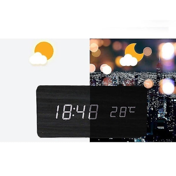 Led Digital Trævækkeur Med Temperatur Fugtighed Stemmestyring Snooze Elektroniske Bordure Bamboo