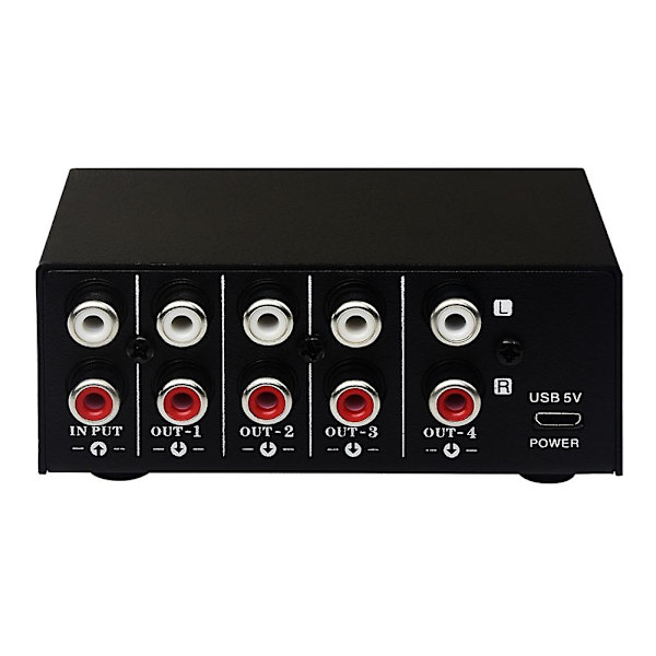 1 ind i 4 ud stereo signal kilde splitter lydfrekvens signal fordeler enhed ikke forbrug O