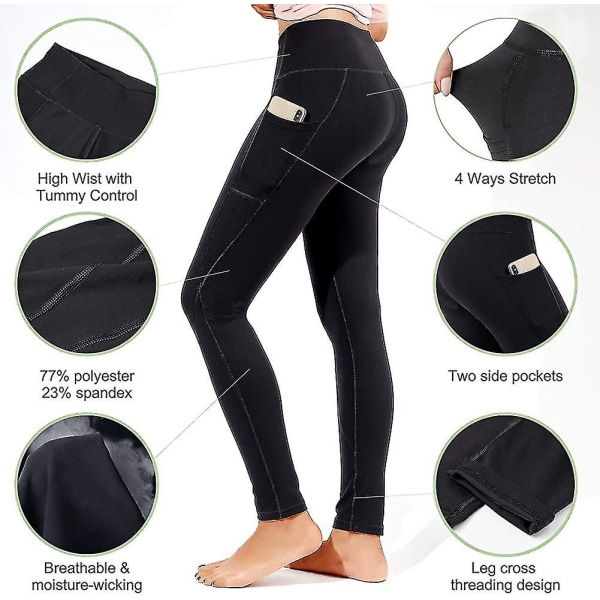 Sportleggings för kvinnor Yogabyxor med 2 fickor, svarta sportbyxor Yogabyxor