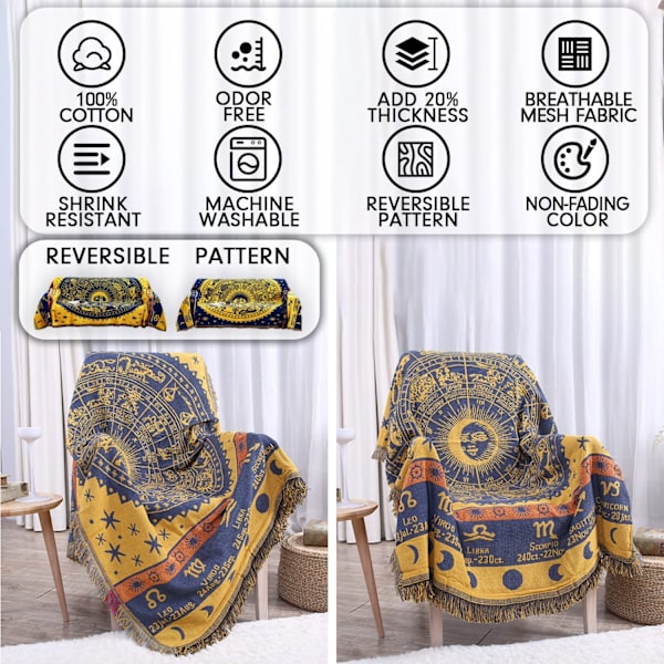 Boho Vævet Tæppe Reversible Bomuld Boheme Gobelin