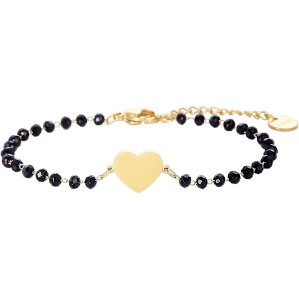 Hjerte Charm Armbånd i Rustfrit Stål med Sorte Perler - Enkelt Lykke Charm Armbånd (Guld) gold
